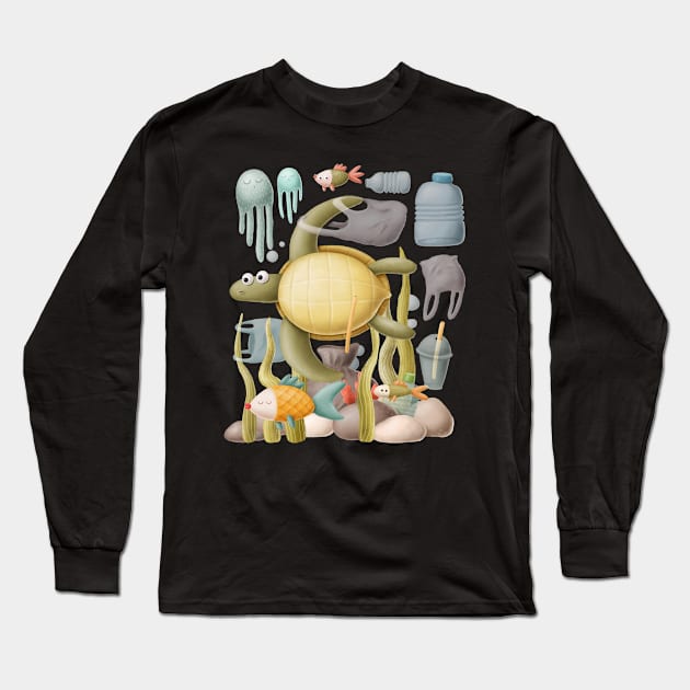 Turtle with plastic under ocean Long Sleeve T-Shirt by CaptainPixel